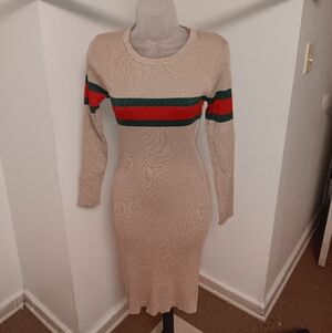 Stylish Beige Knit Dress with Stripes